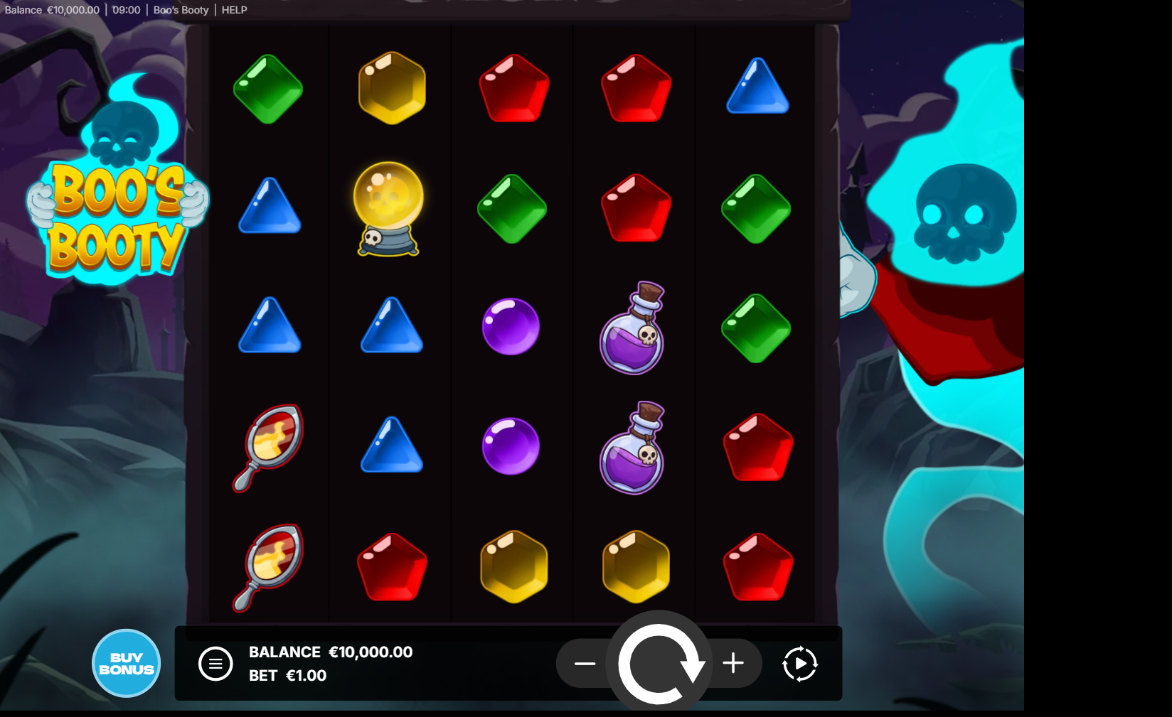 Boo's Booty five by five reels with gems, potions and ghost character