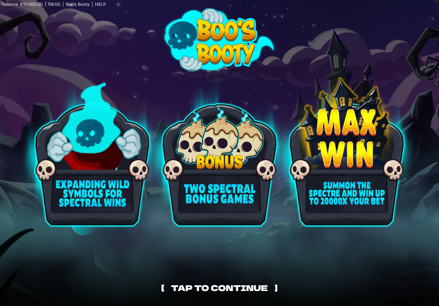 Boo's Booty opening screen with expanding Wild and bonus feature panels