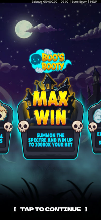 Boo's Booty mobile opening screen with 20000x maximum win panel