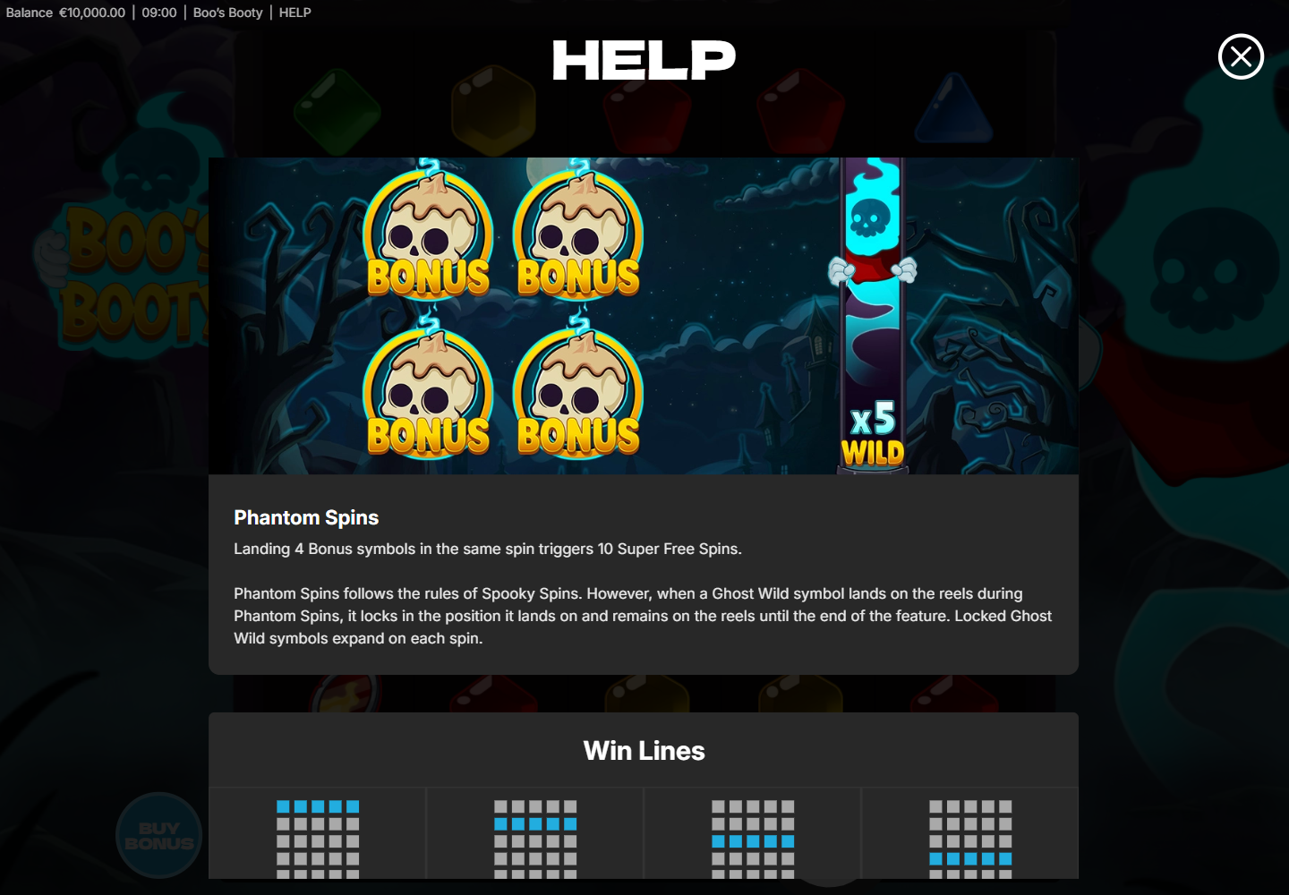 Four Bonus symbols and a locked Ghost Wild in Phantom Spins